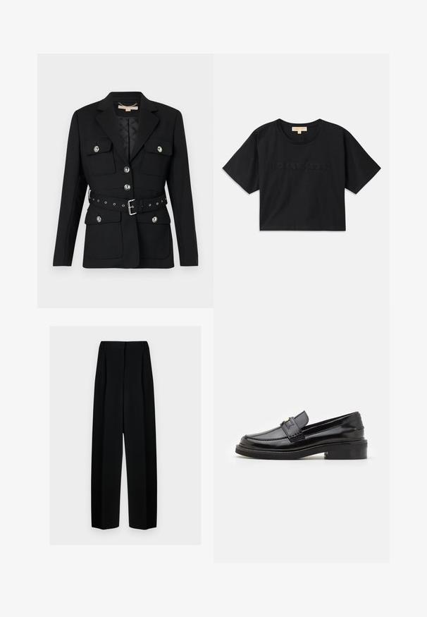 Blazer negro con dos bolsillos frontales, acentos de botones plateados y un cinturón ceñido a la cintura con detalles de hebilla y ojales. Corte entallado.; Camiseta corta negra de algodón. Presenta cuello redondo y mangas cortas. "MICHAEL KORS" bordado en color a juego en la parte frontal.; Pantalones de pierna ancha negros con cintura alta, que presentan pliegues y una textura suave. El tejido parece ligero y se drapea de forma elegante.; Mocasin de charol negro con un acabado suave, un detalle de costura en la parte delantera y un tacón bajo cuadrado para mayor soporte. Acento dorado en la correa.