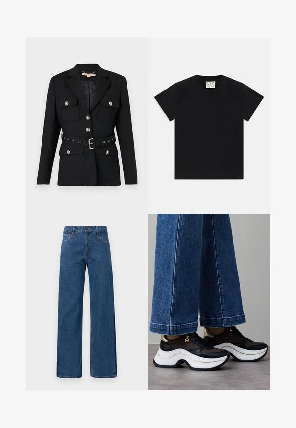 Juodas švarkas su dviem priekinėmis kišenėmis, sidabriniais mygtukų akcentais ir įliemenuota juosta su sagtimi ir šulinėlių detalėmis. Suformuotas dydis.; Juodas trumpomis rankovėmis marškinėliai su apvaliu kaklu, vidinėje apykaklės pusėje yra balta etiketė su užrašu "D.R.C. EST. 2002" ant balto fono.; Mėlynos aukštos juosmens plačios kojų džinsai su priekiniu ir užpakaliniu kišeniu, sagos uždarymu ir matoma siūlė ant baltos fono.; Juodi ir auksiniai sportbačiai su išlenktu balto padažo padu. Tekstūruotas audinys su logotipo akcentais. Derinami su plačiomis mėlynos spalvos džinso kelnėmis.