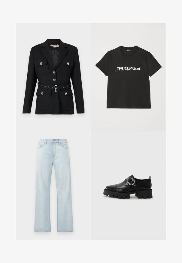 Musta bleiser kahete esikoti, hõbedaste nööpide detailidega ning elastse vööga, millel on pandla ja augud. Kohandatud lõige.; Must mustriba t-särk lühikeste varrukatega, mille ees on valge ja hall "THE 2LOOK" disain. Klassikaline ümmargune kaelus.; Heledad sinise denimist püksid, kõrge vöökoht, laiemad jalad ja kerge kulumine. Sisaldab klassikalisi viie tasku stiile ja toonilisi õmblusaktsente.; Mustad musta naha jalanõud, millel on jäme ribaga tallad, ringikujuline hõbedane detail ja minimaalne õmblusdetail.