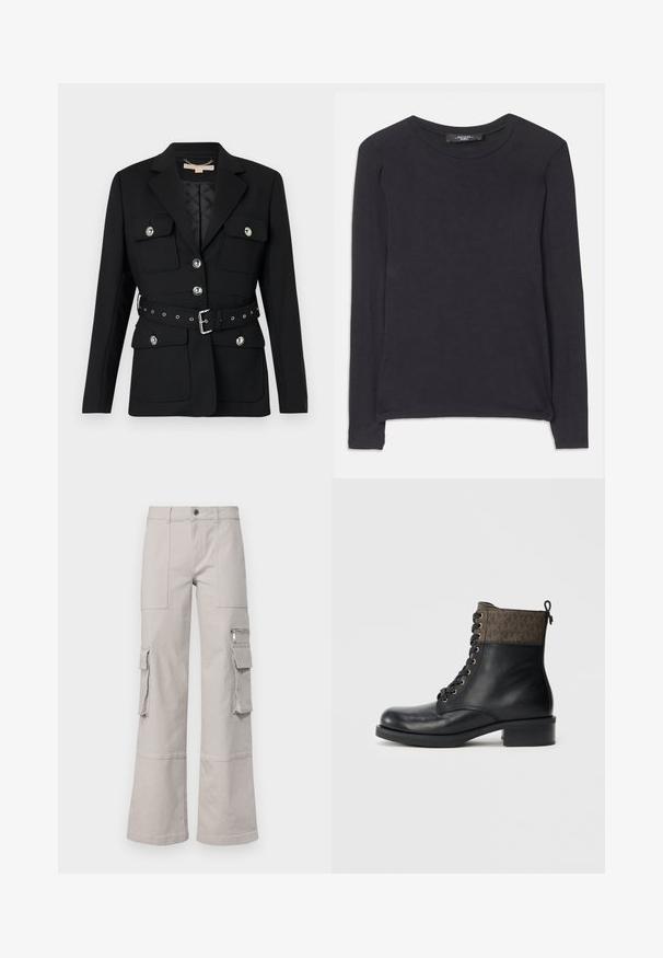 Sacou negru cu două buzunare frontale, accente de nasturi argintii și o curea cu talie strânsă, având detalii cu cataramă și gromete. Croială ajustată.; Cămașă neagră cu mânecă lungă și decolteu rotund, realizată dintr-un material moale. Prezintă un design simplu și detalii subtile de cusătură pe tiv.; Pantaloni cargo gri deschis, cu picioare largi, multiple buzunare și o finisare din țesătură texturată. Prezintă cusături vizibile și închidere cu nasture.; Botine cu sireturi din piele neagră, cu un guler textil cu model maro. Include ochiuri aurii și un toc pătrat. Prevăzută cu o bandă pe spate pentru o ușoară încălțare.