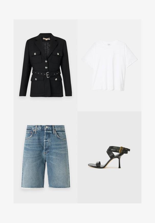 Fekete blézer két elülső zsebbel, ezüst gomb díszítéssel, és övből készült, összeszorított derékkal, amely csattal és lyukakkal rendelkezik. Testhezálló fazon.; Fehér pamut póló rövid ujjal, kerek nyakkivágással, laza fazonnal és varrott szegéllyel. Címke látható a belső nyakrészén.; Világoskék farmer rövidnadrág koptatott szegéllyel, öt zsebes dizájnnal, elől gombos záróelemmel és látható varrási részletekkel.; Fekete magassarkú szandál keresztpántos dizájnnal és állítható csattal. Simább felülettel és hegyes tűsarkúval rendelkezik.