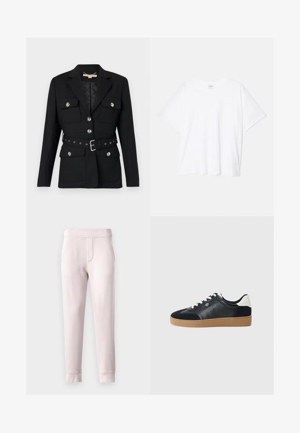 Sort blazer med to frontlommer, sølvknapdetaljer og en indsnævret taljebælte med spænde og øsken. Skræddersyet pasform.; Hvid bomulds-t-shirt med korte ærmer, rund halsudskæring, afslappet pasform og stitched søm. Mærket er synligt indeni halsen.; Lyserøde sweatpants lavet af blødt materiale, med elastisk talje, sidelommer og ribbede manchetter ved anklerne.; Sort læder- og ruskinds sneaker med en lys brun gummisål. Har hvide snørebånd og små perforeringer i siderne. Michael Kors-logo til stede.