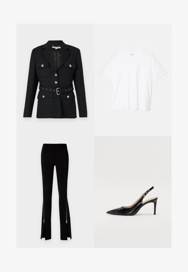 Blazer negro con dos bolsillos frontales, acentos de botones plateados y un cinturón ceñido a la cintura con detalles de hebilla y ojales. Corte entallado.; Camiseta de algodón blanca con mangas cortas, escote redondo, corte relajado y dobladillo cosido. Etiqueta visible en el interior del cuello.; DSQUARED2 ICON TRUMPET PANT - Pantalones - black; Zapatos de charol negro con tirante al tobillo, punta afilada, tacón delgado y un diseño de corte sutil. Presenta una hebilla dorada en la correa.