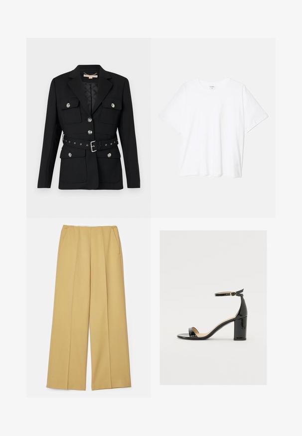 Black blazer with two front pockets, silver button accents, and a cinched waist belt featuring buckle and grommet details. Tailored fit.; White cotton t-shirt with short sleeves, round neckline, relaxed fit, and stitched hem. Label visible on the inside neck.; Wide-leg trousers in a mustard yellow fabric, featuring front pockets and a smooth texture, with a clean, tailored design.; Black patent leather sandal with a wide heel, open toe, and ankle strap featuring a gold buckle. Smooth texture and sleek design.