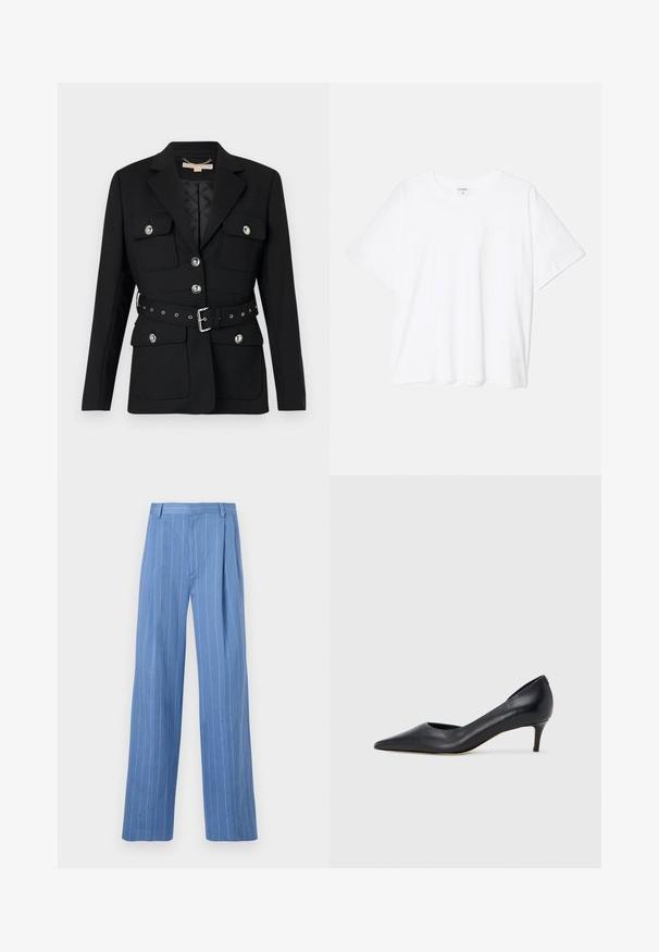Svart blazer med to frontlommer, sølvknappdetaljer og en belte med innsvingt midje som har spenne og hulldetaljer. Skreddersydd passform.; Hvit bomulls t-skjorte med korte ermer, rund hals, avslappet passform og sydd kant. Merke synlig på innsiden av halsen.; Lyseblå vide bukser med vertikale hvite striper. Laget av glatt materiale, med forkant-falte og et rent midjebånd-design.; Sort lærpumps med spiss tupp og lav hæl. Har en jevn tekstur og subtil glans. Åpen utskjæring foran for ekstra detalj.