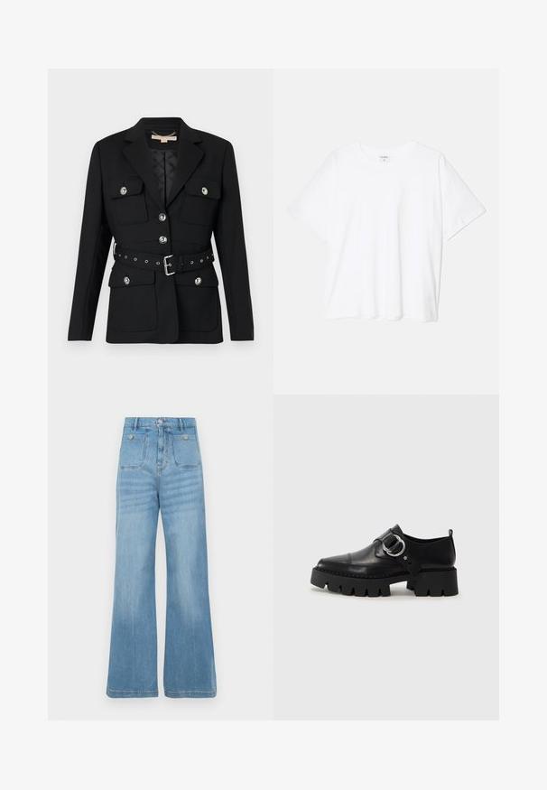 Musta bleiser kahete esikoti, hõbedaste nööpide detailidega ning elastse vööga, millel on pandla ja augud. Kohandatud lõige.; Valge puuvillane T-särk lühikeste varrukatega, ümmargune kaelus, mugav lõige ja õmmeldud serv. Silt nähtav kaela seest.; Heledad sinine teksapüksid laia säärega disainiga, millel on kaks eesmist ja kaks tagumist taskut, lõpetatud toore serva ja nööpidega kinnitusega.; Mustad musta naha jalanõud, millel on jäme ribaga tallad, ringikujuline hõbedane detail ja minimaalne õmblusdetail.