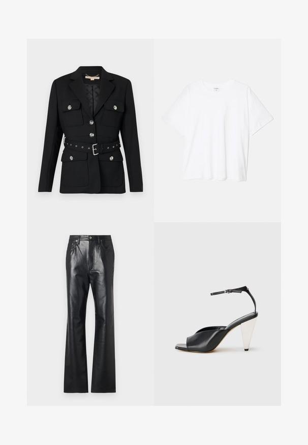 Fekete blézer két elülső zsebbel, ezüst gomb díszítéssel, és övből készült, összeszorított derékkal, amely csattal és lyukakkal rendelkezik. Testhezálló fazon.; Fehér pamut póló rövid ujjal, kerek nyakkivágással, laza fazonnal és varrott szegéllyel. Címke látható a belső nyakrészén.; Fekete bőrnadrág sima textúrával, harangszár kialakítással, elülső cipzárral és övbújtatókkal. Diszkrét varrási díszítéssel rendelkezik.; Fekete bőr magassarkú szandál nyitott orral, aszimmetrikus dizájnnal, bokapánttal és fémes kúpos sarokkal. Az anyag sima textúrájú.