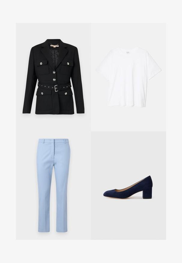 Musta bleiseri, jossa on kaksi etutaskua, hopeiset napin korostukset ja vyötärön cinch-vyö, jossa on solki- ja rei'itydetaljeja. Muotoiltu malli.; Valkoinen puuvillapaita lyhyillä hihoilla, pyöreällä pääntiellä, rentoa tyyliä ja ommeltu helma. Tunniste näkyvissä sisäkauluksessa.; Vaaleansiniset räätälöidyt housut, joissa on litteä etuosa, kaksi sivutaskua ja slim fit -muotoilu sekä sileä pinta.; Navy sininen mokkanahkakengät, joissa on terävä kärki ja keskikorkea lohkare korko. Sileä pinta, jossa on hieno kiilto ja pieni leikkaus etuosassa.
