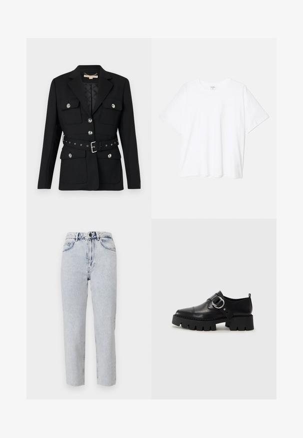 Melna žakete ar divām priekšējām kabatām, sudraba pogu akcentiem un pieguļošu jostu ar sprādzi un caurumiem. Izcili piegriezta.; Balta kokvilnas T-krekls ar īsām piedurknēm, apaļu dekoltē, brīva piegriezuma un šūtu apakšmalu. Etiķete redzama iekšējā kakla daļā.; Gai zila džinsu bikses ar taisnu kāju griezumu, augstu jostasvietu, priekšējām kabatām un jostu cilpiņām. Audums ir mīksts, ar nedaudz izbalējušu tekstūru.; Melni ādas apavi ar masīvu, rievojumu zoli, ar apaļu sudraba aksesuāru un minimālām šuvēm.