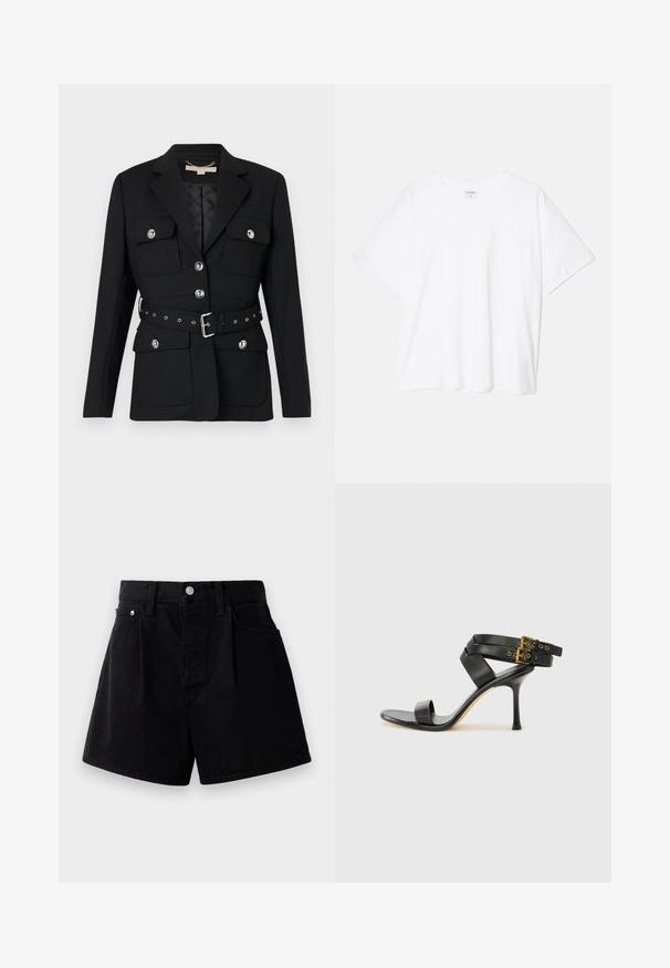 Fekete blézer két elülső zsebbel, ezüst gomb díszítéssel, és övből készült, összeszorított derékkal, amely csattal és lyukakkal rendelkezik. Testhezálló fazon.; Fehér pamut póló rövid ujjal, kerek nyakkivágással, laza fazonnal és varrott szegéllyel. Címke látható a belső nyakrészén.; Fekete farmer rövidnadrág egyenes szabással, gombos záródással, két elülső zsebbel és puha, texturált anyaggal.; Fekete magassarkú szandál keresztpántos dizájnnal és állítható csattal. Simább felülettel és hegyes tűsarkúval rendelkezik.