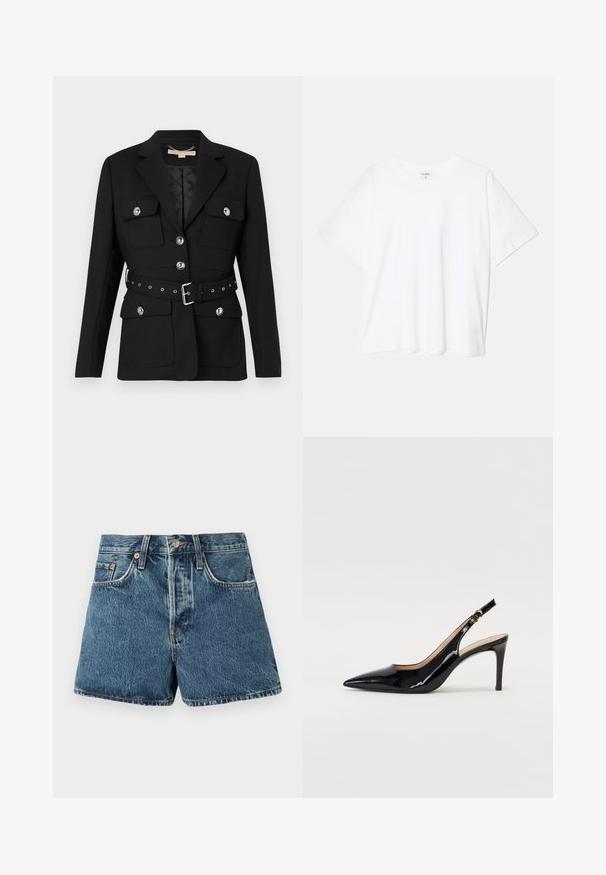 Musta bleiseri, jossa on kaksi etutaskua, hopeiset napin korostukset ja vyötärön cinch-vyö, jossa on solki- ja rei'itydetaljeja. Muotoiltu malli.; Valkoinen puuvillapaita lyhyillä hihoilla, pyöreällä pääntiellä, rentoa tyyliä ja ommeltu helma. Tunniste näkyvissä sisäkauluksessa.; Farkkushortsit keskipitkässä sinisessä, korkealla vyötäröllä, viidellä taskulla, kontrastilaidoituksella ja metallinapituksella. Raskas kangas, jossa on kevyt kuluminen.; Musta lakattu nahkainen slingback-korkokenkä, jossa on terävä kärki, kapea korko ja hillitty leikkaussuunnittelu. Varressa on kultainen solki.