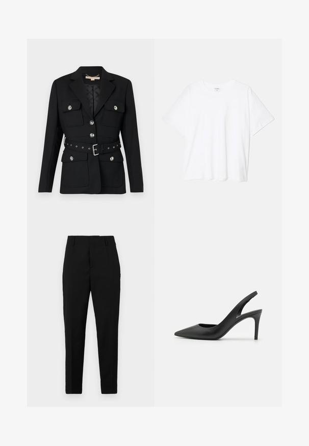 Svart blazer med to frontlommer, sølvknappdetaljer og en belte med innsvingt midje som har spenne og hulldetaljer. Skreddersydd passform.; Hvit bomulls t-skjorte med korte ermer, rund hals, avslappet passform og sydd kant. Merke synlig på innsiden av halsen.; Sorte bukser med en skræddersyet pasform, der har sidelommer, en glat tekstur og et stilrent design, der smalner ind mod anklen.; Sorte skinnslingback hæler med spiss tå-design, som har et utsnitt foran og en tynn stilettohæl.