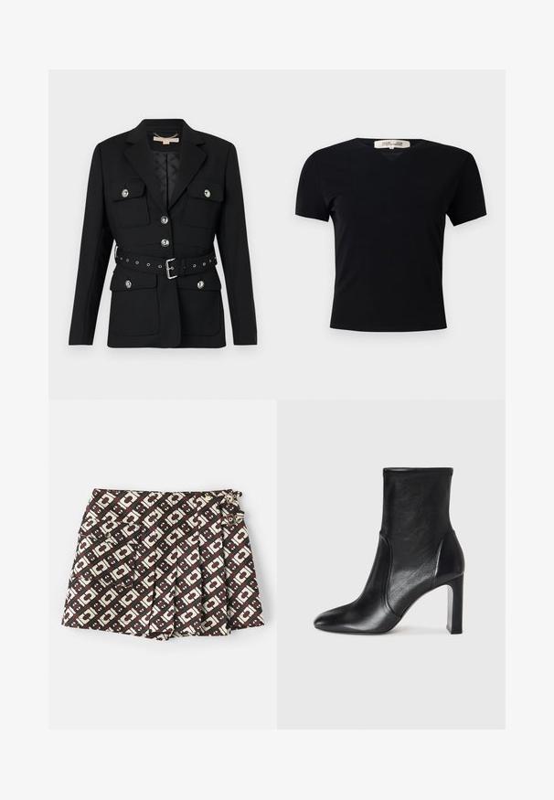 Sacou negru cu două buzunare frontale, accente de nasturi argintii și o curea cu talie strânsă, având detalii cu cataramă și gromete. Croială ajustată.; Tricou negru, cu mânecă scurtă, de tip V, confecționat dintr-un material neted și elastic. Prezintă o siluetă simplă, clasică, fără embellishments.; Shorts de marcă cu un model geometric maro și crem, două buzunare laterale și accente din metal auriu. Materialul are o textură netedă.; Botine negre din piele până la glezna, cu un design elegant, vârful ascuțit și toc înalt tip bloc. Prezintă o textură netedă și detalii de cusătură minimalistă.