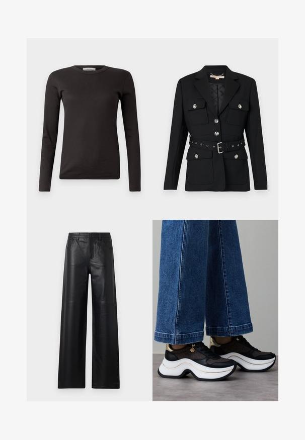 Melna žakete ar divām priekšējām kabatām, sudraba pogu akcentiem un pieguļošu jostu ar sprādzi un caurumiem. Izcili piegriezta.; Melnas garām piedurknēm ribota T-kreklā ar apaļu kakla izgriezumu, izgatavots no mīksta auduma, ar vienkāršu dizainu bez rotājumiem vai rakstiem.; Platas kāju melnas ādas bikses ar gludu tekstūru, kurām ir priekšējās kabatas, pogu aizdare un smalki izšuvumi.; Melni un zelta sporta apavi ar izliekta baltā zoli. Teksturēts audums ar logotipa akcentiem. Pāris ar platām zila džinsa biksēm.