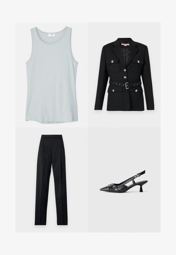 Blazer negro con dos bolsillos frontales, acentos de botones plateados y un cinturón ceñido a la cintura con detalles de hebilla y ojales. Corte entallado.; Filippa K TANK - Top - thundersto; Pantalones negros de tela suave con cintura alta, piernas amplias, pliegues frontales y lazos de cinturón clásicos. No hay bolsillos laterales visibles.; Zapato de slingback negro de piel con punta afilada, correas decorativas con ojales de metal y un tacón bajo y ancho. Superficie texturizada.