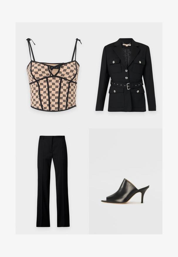 Sort blazer med to frontlommer, sølvknapdetaljer og en indsnævret taljebælte med spænde og øsken. Skræddersyet pasform.; MISBHV MONOGRAM COQUETTE CORSET - Top - beige/black; Sorte lige bukser i glat stof med flad front, bæltestropper og uden synlige lommer eller udsmykninger.; Sort læder åben tå mule med et slankt, buet design, høj stiletto hæl og glat tekstur. Indersiden har en kontrasterende lys farve.