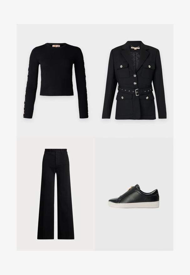 Black blazer with two front pockets, silver button accents, and a cinched waist belt featuring buckle and grommet details. Tailored fit.; Failed to generate alt-text; Black wide-leg pants made of woven fabric, featuring a high waist, front button closure, and side pockets. Smooth texture with clean lines.; Black leather slip-on shoes with a raised seam, silver hardware detail on the upper, and a white rubber sole featuring embossed branding.