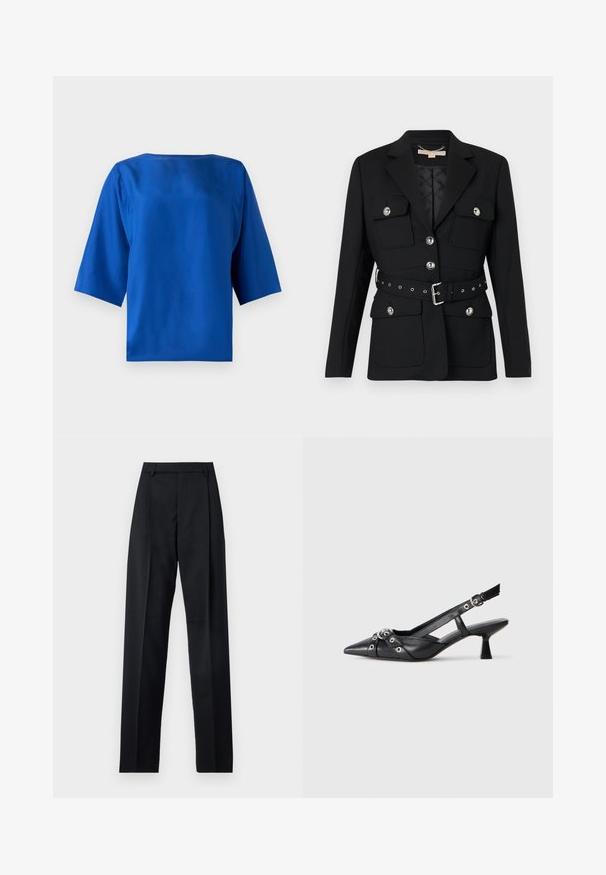 Musta bleiser kahete esikoti, hõbedaste nööpide detailidega ning elastse vööga, millel on pandla ja augud. Kohandatud lõige.; Kuning sinine lühikeste varrukatega särk minimalistliku disainiga, siidine tekstuur, ümmargune kaelus ja mugav lõige. Ilma mustrite ja nähtava riistvarata.; Mustad püksid siledast kangast, millel on kõrge vöökoht, laiad jalad, esimesed kortsud ja klassikalised vööloopid. Küljepockets pole nähtavad.; Must must have must toote tõmblukuga, dekoratiivsed rihmad metallist silmadega ja madal blokk-kand. Tekstureeritud pind.