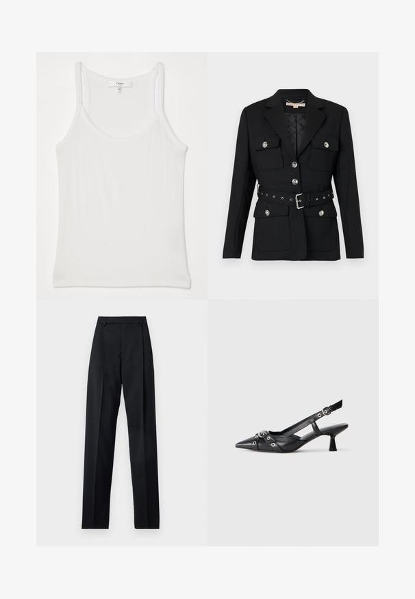 Black blazer with two front pockets, silver button accents, and a cinched waist belt featuring buckle and grommet details. Tailored fit.; White sleeveless tank top made of soft, ribbed fabric; features thin straps and a round neckline, tag reads "FRAME."; Black trousers made from smooth fabric featuring a high waist, wide legs, front pleats, and classic belt loops. No side pockets visible.; Black leather slingback shoe with a pointed toe, decorative straps featuring metal eyelets, and a low block heel. Textured surface.