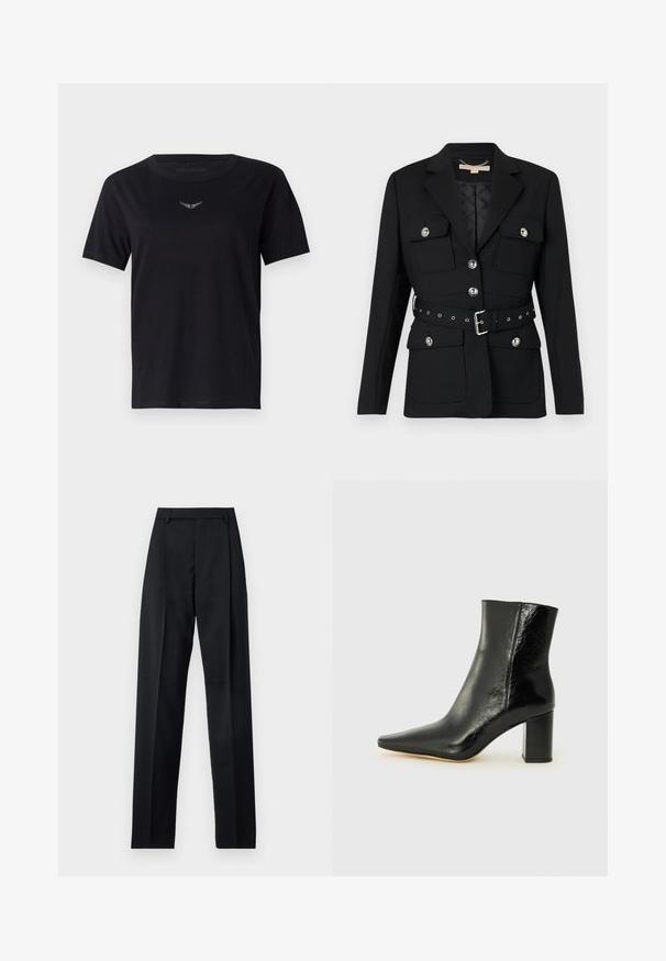 Sacou negru cu două buzunare frontale, accente de nasturi argintii și o curea cu talie strânsă, având detalii cu cataramă și gromete. Croială ajustată.; Tricou din bumbac negru cu guler rotund, mâneci scurte și un logo subtil, texturat, de culoare argintie pe piept. Finisaj de țesătură neted.; Pantaloni negri dintr-un material neted, cu talie înaltă, picioare largi, pliuri frontale și loop-uri clasice pentru curea. Fără buzunare laterale vizibile.; Botine negre din piele lucioasă, cu vârful ascuțit și un toc pătrat masiv. Au o textură netedă și un design minimalist.