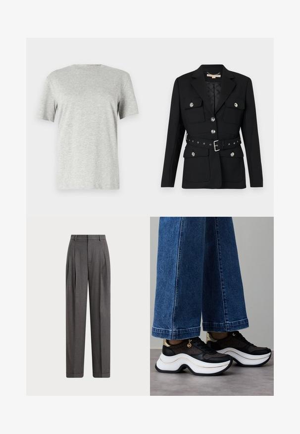 Sort blazer med to frontlommer, sølvknapdetaljer og en indsnævret taljebælte med spænde og øsken. Skræddersyet pasform.; Grå, kortærmet t-shirt lavet af blødt, tekstureret stof; har en klassisk rund hals og en afslappet pasform uden mønstre eller logoer.; Grå skræddersyede bukser med høj talje, plisseret design og brede ben. Fremstillet af tekstureret stof med en glat overflade.; Sorte og guld sneakers med en buet hvid sål. Tekstureret stof med logo-detaljer. Kombineret med brede blå denimbukser.