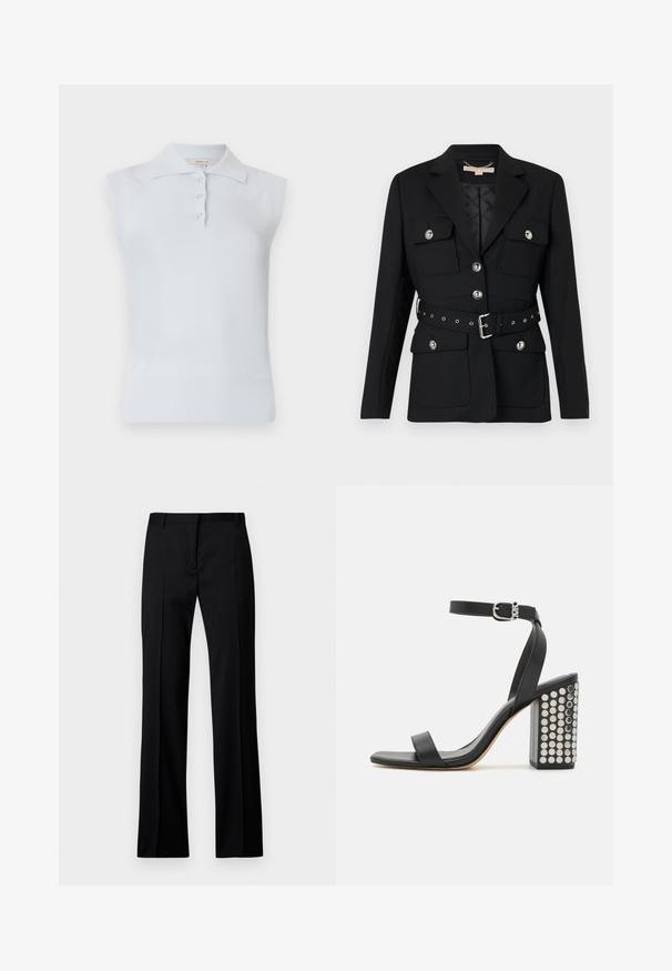 Svart blazer med to frontlommer, sølvknappdetaljer og en belte med innsvingt midje som har spenne og hulldetaljer. Skreddersydd passform.; Lyseblå ermeløs polo med tradisjonell krage, tre-knaps placket og ribbet hem. Laget av et glattere, mykt stoff.; Svarte rettloved bukser i glatt stoff, med flat front, beltefester og ingen synlige lommer eller utsmykninger.; Svarte lær sandaler med hæl og ankelrem. Har firkantet tå, glatt tekstur og firkantet blokkhæl prydet med sølvnitter.