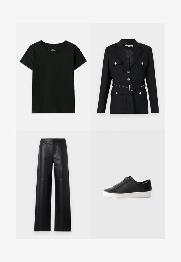 Svart blazer med två framfickor, silverknappaccent och en åtsittande midjebälte med spänne och ögla detaljer. Skräddarsydd passform.; Svart kortärmad T-shirt i bomull. Har en rund hals och präglad "Armani Exchange" text längs axeln. Enkelt design.; Breda svarta läderbyxor med en slät yta, utrustade med framfickor, knappstängning och subtila söm detaljer.; Svarta låga lädersneakers med vit sula och guldkedjeförslutning, sidovy, minimalistisk stil på enfärgad bakgrund.