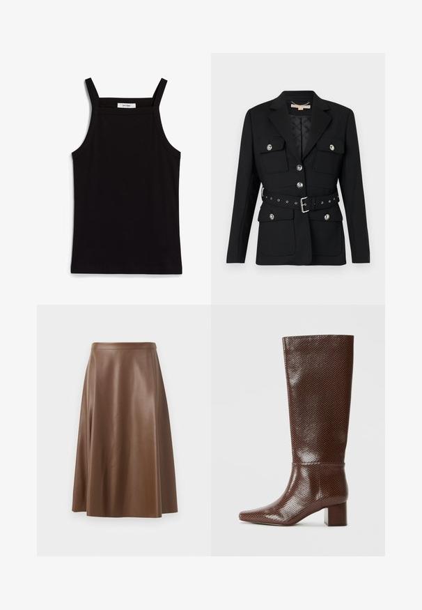 Musta bleiser kahete esikoti, hõbedaste nööpide detailidega ning elastse vööga, millel on pandla ja augud. Kohandatud lõige.; Must must vest, mille õhukeste spagettiratastega, ribakanga materjalist, sirge lõikega ja kaela piirkonnas sildi "IVY OAK".; Pruun nahkne A-line seelik, millel on sile tekstuur ja keskmise pikkusega lõhik. Omab sobivat vöökohta ja kerget laienemist puusadelt.; Prune sääre kõrgune saabas, millel on maosnake mustriga tekstuur, ruudukujuline varvas ja plokknikk, valge tausta ees.
