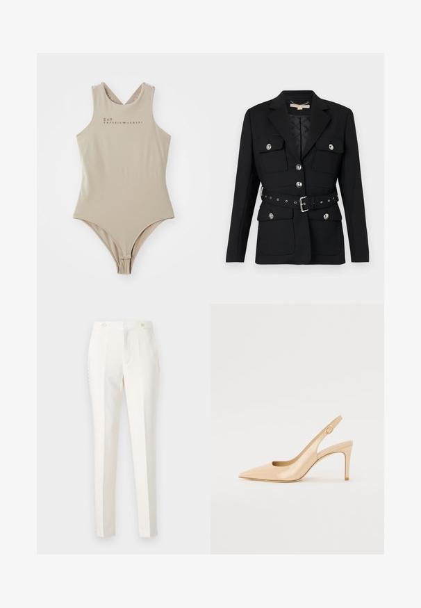 Blazer negro con dos bolsillos frontales, acentos de botones plateados y un cinturón ceñido a la cintura con detalles de hebilla y ojales. Corte entallado.; Bañador de una pieza beige con cuello alto, diseño de espalda cruzada y logo EA7 Emporio Armani en marrón en el pecho. Textura suave.; Pantalones ajustados blancos, con un corte slim, que presentan dos bolsillos frontales, cierre de doble botón y sutiles detalles laterales. Textura suave.; Tacón slingback de charol nude con punta afilada, empeine abierto y un delgado tacón stiletto. Presenta un acento dorado circular en la correa.