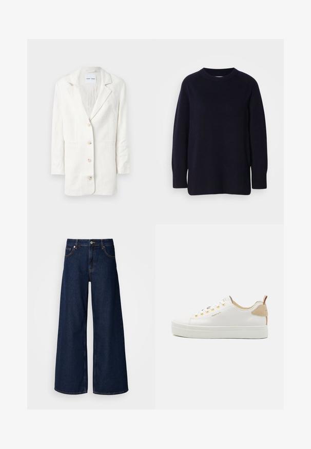 Valge bleiser, mis on valmistatud kergest kangast, esitleb üksikute nööpidega disaini, sisselõikega krae ja kolme esimest nuppu koos sobivate nööpaukudega.; Tumedast mereväest sinine ümarakaelusega pikade varrukatega sviiter pehme kudumise tekstuuri ning soonikkudumisega varruka- ja alumise servaga helesinise tausta ees.; Laialised tumedast sinisest denimist teksad kõrge vöökoha ja esipocketitega, millel on nööbikinnitus. Omab kontrastset õmblust ja siledat tekstuuri.; Valged nahast spordi jalanõud tekstureeritud kummitaldadega, kuldsed silmused ja beež aktsent kontsal. GANT logo küljes.