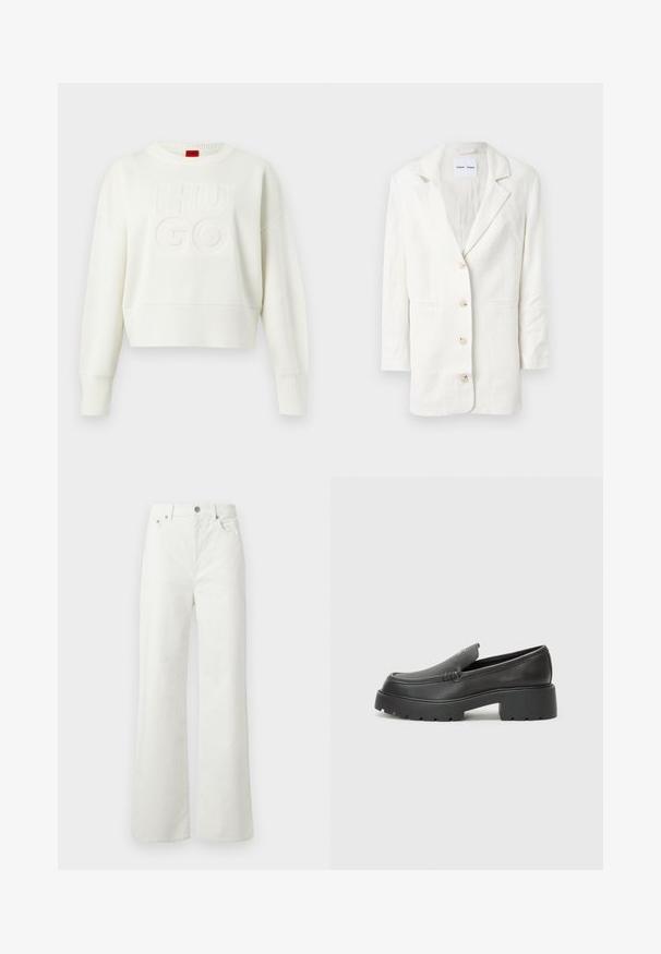 Blazer branco feito de um tecido leve, com um design de um só botão, lapelas notched e três botões frontais com casas de botão correspondentes.; Suéter branco de malha com mangas longas, com punhos e barra canelados, apresentando o texto elevado "HUGO" na frente e uma etiqueta vermelha na gola.; Samsøe Samsøe SHELLY - Calças de ganga de corte relaxado - clear cream; Mocassins de couro preto com bico arredondado, sola espessa e texturizada, e detalhes de costura minimalistas. Design elegante sem atacadores ou ferragens visíveis.