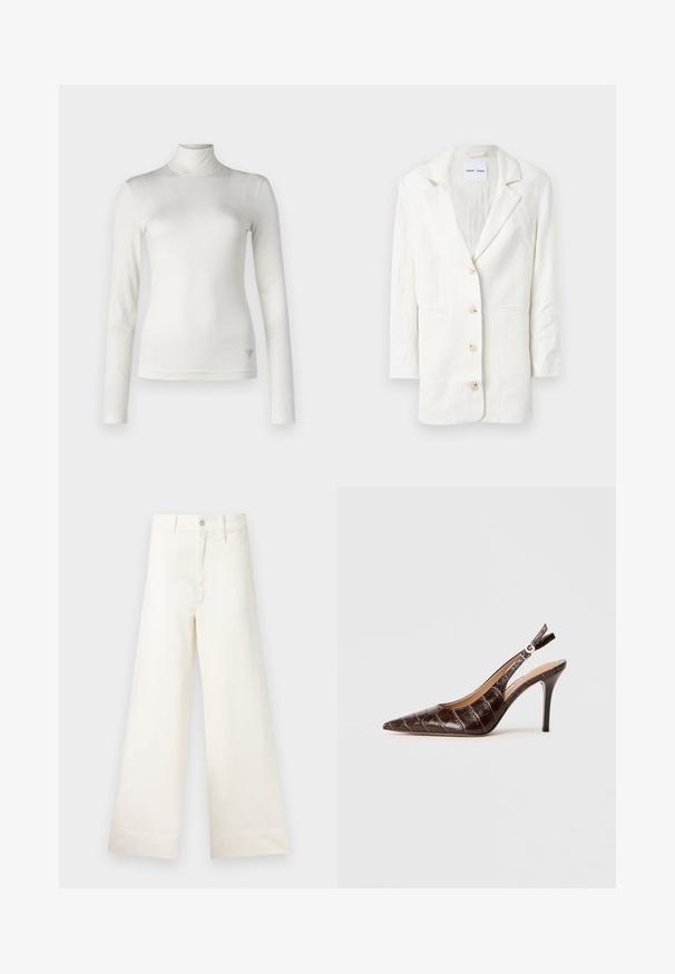 Vit kavaj tillverkad av ett lätt material, med en enknappad design, notchade slag och tre framknappar med matchande knaphål.; Vit långärmad polotröja i mjukt tyg med en slät yta. Har en diskret logotyp på den nedre sidan.; Videbeniga byxor i ljusbeige bomull. Funktioner inkluderar hög midja, framfickor och rak skärning. Rena avslutningar utan mönster.; Brun, krokodilmönstrad läder slingback pumps med spetsig tå, öppna sidor och en tunn hög klack. Utformad med justerbart spänne.