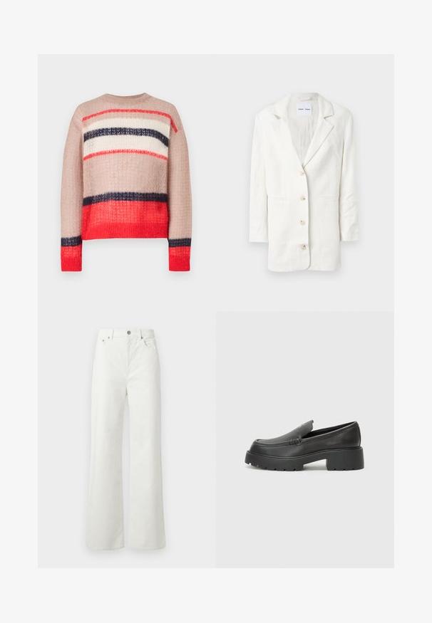 Blazer blanc en tissu léger, présentant un design à boutonnage simple, des revers crantés et trois boutons à l'avant avec des boutonnières assorties.; Pull en tricot à coupe ample, orné de rayures rouge, marine, crème et beige. Tissu texturé avec un col et un ourlet côtelés.; Samsøe Samsøe SHELLY - Jean boyfriend - clear cream; Mocassins en cuir noir avec un bout arrondi, une semelle épaisse et texturée, et des détails de couture minimalistes. Design épuré sans lacets ni métal visibles.