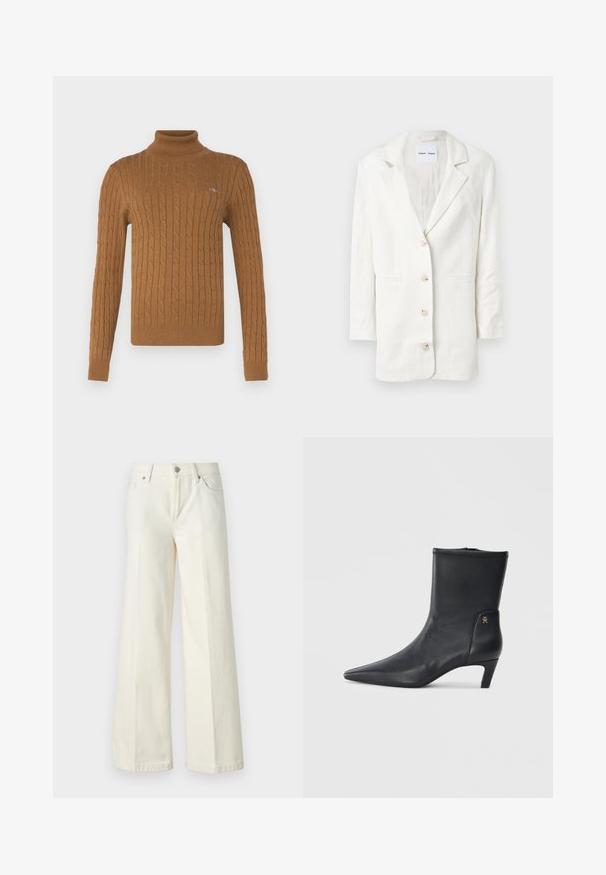 Weißer Blazer aus leichtem Stoff, mit einreihigem Design, mit Reverskragen und drei vorderen Knöpfen sowie passenden Knopflöchern.; GANT TURTLENECK - Strickpullover - cacao; Weite weiße Jeans aus einem Baumwollmischgewebe. Verfügt über einen Reißverschluss, ein Fünf-Taschen-Design und Nähte entlang der Säume.; Schwarze Leder-Stiefeletten mit spitzem Zehenbereich und niedrigem Absatz. Sie haben eine glatte Textur und ein kleines goldenes Logo-Detail an der Seite.