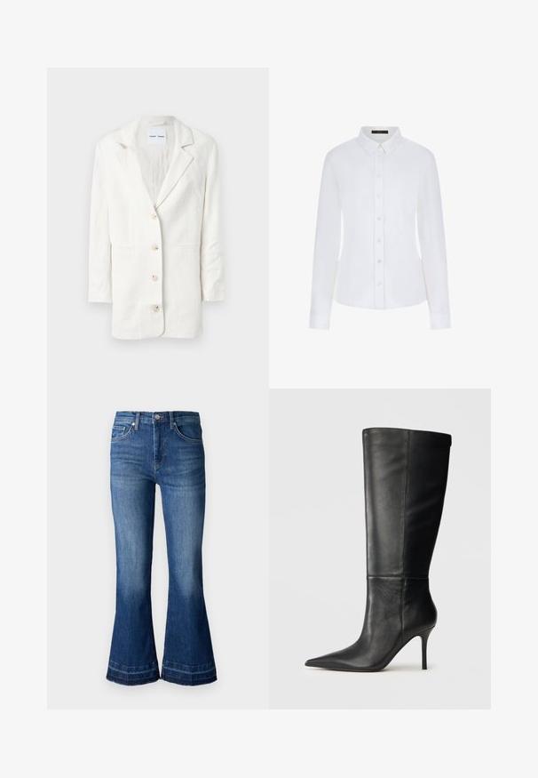 Valkoinen bleiseri, joka on valmistettu kevyestä kankaasta, ja siinä on yksirivinen muotoilu, lovet ulokkeet ja kolme etupainiketta vastaavine nappilukuineen.; Valkoinen pitkähihaista paitaa, jossa on kaulus, napitettava etuosa ja hihansuut. Valmistettu sileästä kankaasta, jossa on istuva muotoilu ja ei näkyviä kuvioita.; Korkeavyötäröiset lievänä leikatut farkut keskipesussa, joissa on vetoketjukiinnitys, vyölenkit ja risat reunat alhaalla.; Musta nahkasaapas, joka ulottuu polveen, terävä kärki ja hoikka stiletto-korko, sileä pinta, sivuprofiili neutraalilla taustalla.