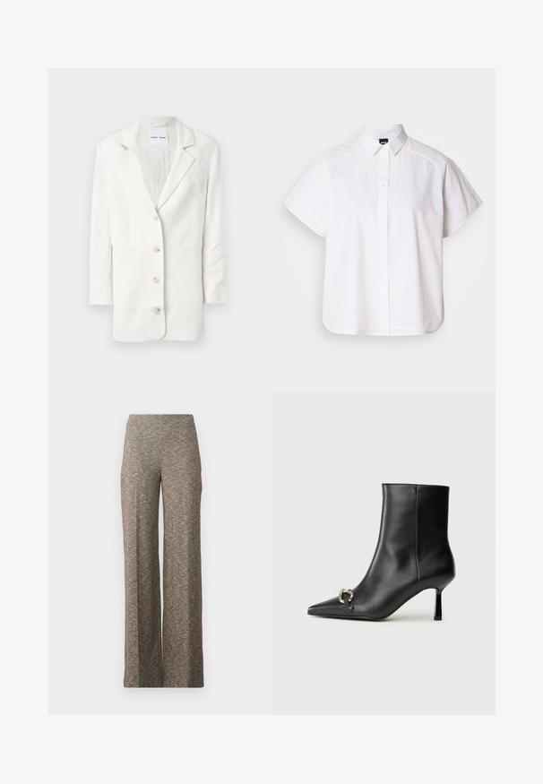 Weißer Blazer aus leichtem Stoff, mit einreihigem Design, mit Reverskragen und drei vorderen Knöpfen sowie passenden Knopflöchern.; Weißes kurzärmliges Hemd mit Knopfleiste, spitzem Kragen und abgerundetem Saum. Hergestellt aus Baumwolle mit glatter Textur und ohne sichtbare Muster.; Weite Hosen aus einem strukturierten braunen Stoff mit einem dezenten Fischgrätmuster. Elastischer Bund für Komfort, gerades Bein Design.; Schwarze Leder-Stiefelette mit spitzer Zehe, schlankem, mittelhohem Absatz und silberner Schnalle seitlich vor einem schlichten Hintergrund.