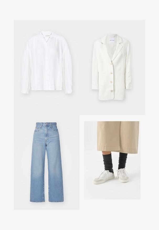 Fehér blézer könnyű anyagból, egysoros fazonnal, bemetszett gombnyílásokkal és három elülső gombbal, amelyekhez illeszkedő gomblyukak tartoznak.; Fehér, hosszú ujjú gombos ing plisszírozott textúrával és mandarin gallérral, laza fazonnal és finom varrási részletekkel.; Világoskék, magas derekú, bő szárú farmernadrág, elülső gombbal és cipzárral, elülső és hátsó zsebekkel, fehér háttérrel.; Fehér és szürke sportcipők fekete sarokrésszel, sima bőr felsőrésszel és texturált velúr orrral. Sötétszürke, laza zoknikkal viselve.