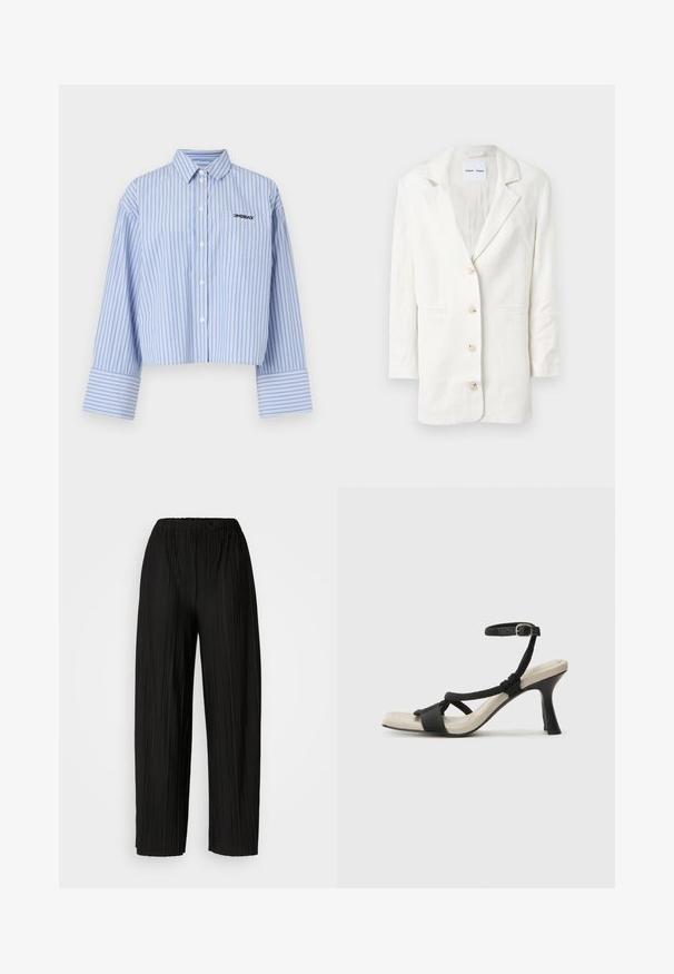 Hvit blazer laget av et lett materiale, med en en-knappslukking, utskårne revers og tre frontknapper med matchende knappehull.; Kortermet skjorte i lyseblå med hvite vertikale striper, med lomme og logo på brystet, laget av et glatt stoff.; Svart, pregede bukser med løs midje som har bred benvidde. Stoffet har vertikale folder og en glatt tekstur.; Sorte helårs sandaler med flettet stroppesdesign, firkantet tå og justerbar ankelrem. Lys beige fotseng med glanset svart hæl.