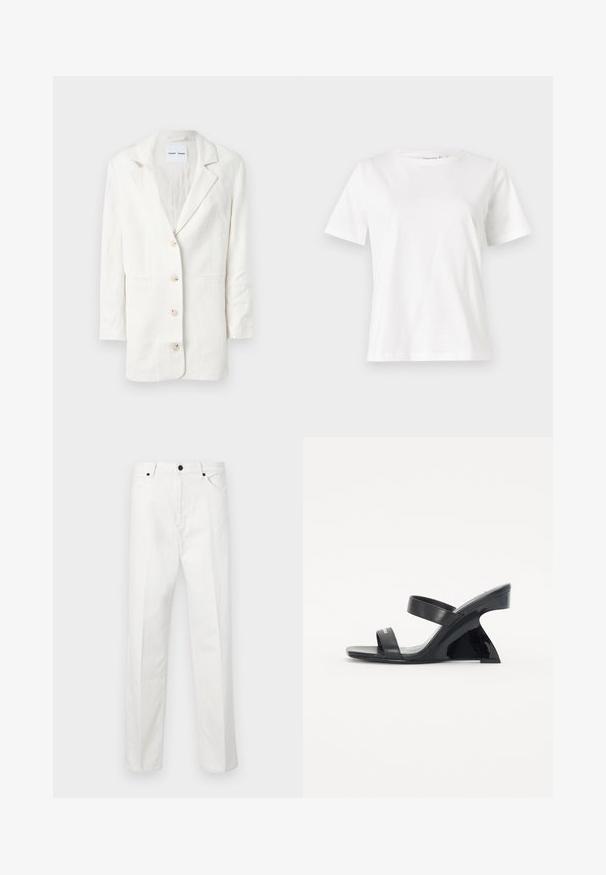 Balts žakets, kas izgatavots no viegla auduma, ar vienu pogu aizdari, dienvidu atlokiem un trim priekšējām pogām ar saskaņotām pogcaurumiem.; Baltas kokvilnas T-krekls ar īsām piedurknēm, apaļu kakla izgriezumu un brīvu piegriezumu. Gluda tekstūra, bez rakstiem vai akcentiem, minimālistisks dizains.; Baltas denima bikses ar taisnu griezumu, pogu aizdari un divām priekšējām kabatām. Nav redzamu rakstu vai rotājumu. Gluda tekstūra.; Melna kluču sandale ar divām horizontālām siksnām. Izgatavotas no gludas ādas, ar elegantiem, leņķveida papēžiem un spīdīgu apdari.