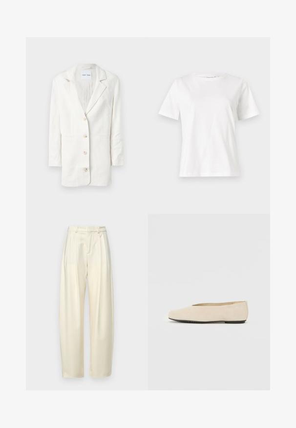 Bela blazer iz lahkega materiala, z enojnim zapenjanjem, razrezanimi klapnicami in tremi sprednjimi gumbi z ustreznimi luknjami za gumbe.; Bela bombažna majica s kratkimi rokavi, okroglo izrezana in ohlapnega kroja. Gladka tekstura, brez vzorcev ali dodatkov, minimalističen dizajn.; Plisirane hlače z visokim pasom iz svetlo kremnega blaga. Imajo ravno krojenje in gladko teksturo. Brez žepov ali vidne strojne opreme.; Bež sueded baletne balerinke z zaobljenim prstom, ravnim podplatom in minimalnim dizajnom. Gladka tekstura brez vidnih kovinskih delov ali okrasnih elementov.