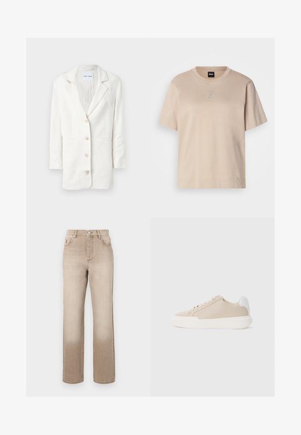 Valkoinen bleiseri, joka on valmistettu kevyestä kankaasta, ja siinä on yksirivinen muotoilu, lovet ulokkeet ja kolme etupainiketta vastaavine nappilukuineen.; Beige lyhythihainen puuvillapaita, jossa on pyöreä kaula-aukko ja pieni brodeerattu päällekkäinen "B" -logo keskellä etupuolta.; Beige farkut, joissa on hieman haalistunut vaikutelma, suora lahje, viisi taskua ja metallinen nappisuljenta vyötäröllä.; Beige nahkakengät, joissa on valkoinen takakappale, litteä valkoinen pohja ja sävy sävyyn ommeltu logo sivussa.