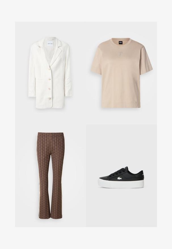 Balts žakets, kas izgatavots no viegla auduma, ar vienu pogu aizdari, dienvidu atlokiem un trim priekšējām pogām ar saskaņotām pogcaurumiem.; Beigā krāsa īsām piedurknēm kokvilnas T-kreklam ar apaļu kakla izgriezumu un nelielu izšūtu pārklājošu "B" logotipu centrā uz priekšu.; Brūnas ar rakstu platās bikses ar tekstūrētu dizainu, kurām ir sānu svītras. Elastīga jostasvieta komfortam.; Melnas zemas sporta kurpes, kas izgatavotas no sintētiska materiāla, ar baltu gumijas zoli, melnu auklu un mazu balto logotipu sānu daļā.