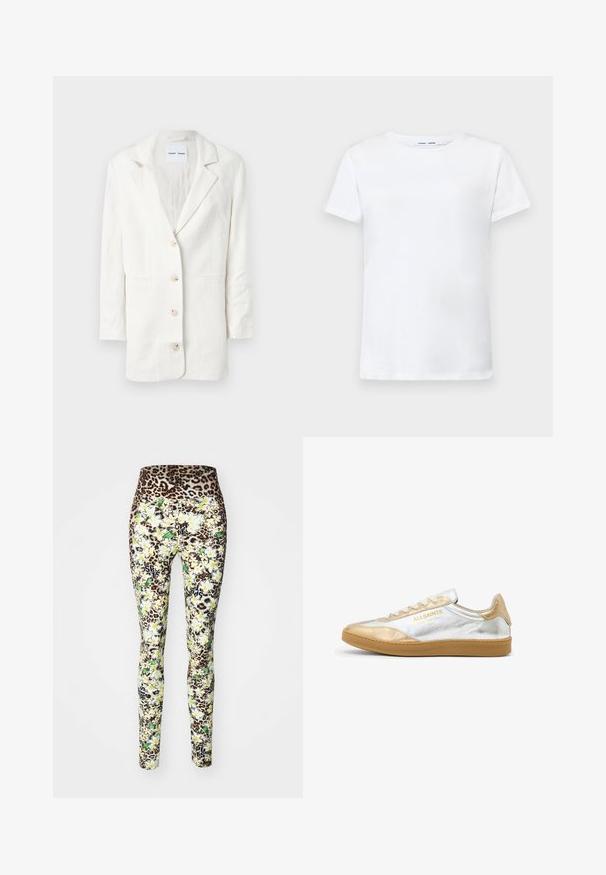 White blazer made from a lightweight fabric, featuring a single-breasted design, notched lapels, and three front buttons with matching buttonholes.; White short-sleeve t-shirt made of cotton with a crew neck design. Smooth texture and straight cut, no patterns or accents.; Leggings featuring a leopard print waistband, floral pattern in yellow and green, fitted design, with black graphics on the lower legs.; Sneakers with metallic silver and gold leather upper, white laces, and tan rubber sole. Features branding in gold on the side.