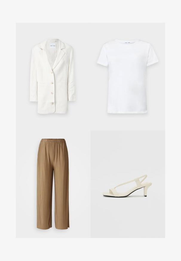 Valge bleiser, mis on valmistatud kergest kangast, esitleb üksikute nööpidega disaini, sisselõikega krae ja kolme esimest nuppu koos sobivate nööpaukudega.; Valge lühikeste varrukatega T-särk, valmistatud puuvillast, ümmarguse kaelusega. Sile tekstuur ja sirge lõige, ilma mustrite või aktsentideta.; Pruunid volditud laiad püksid elastse vöökohaga. Valmistatud kergetest kangast, sisaldavad vertikaalseid triibusid tekstuuri ja voolu loomiseks.; Beez blok-kandadesed õhukeste rihmadega ja ruudukujulise varbaga. Sile materjal minimaalsete detailidega, kujundatud mugavaks kandmiseks.