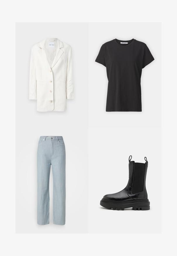 Hvit blazer laget av et lett materiale, med en en-knappslukking, utskårne revers og tre frontknapper med matchende knappehull.; Svart bomulls t-skjorte med klassisk rund hals, korte ermer og en avslappet passform. Glatt tekstur, ingen synlige mønstre eller detaljer.; Lys blå rett ben jeans laget av denim. Har fem lommer, en metallknapplukking og subtil slitasje for tekstur.; Svarte ankelstøvler med en blank lærfinish, elastiske sidepaneler, høyre slepeklapper og en tykk, teksturert gummisåle. Kraftig design, slank silhuett.