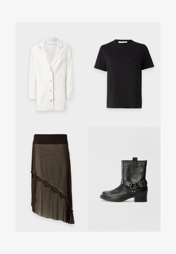 Valkoinen bleiseri, joka on valmistettu kevyestä kankaasta, ja siinä on yksirivinen muotoilu, lovet ulokkeet ja kolme etupainiketta vastaavine nappilukuineen.; Musta lyhythihainen t-paita, joka on valmistettu pehmeästä puuvillasta. Paitassa on pyöreä kaula-aukko, rento malli ja sileä pinta. Ei näkyviä kuvioita tai graafisia elementtejä.; Mustat verkkohame, jossa on istuva vyötärö, epäsymmetrinen helma, koristeelliset napit edessä ja kerroksellinen läpikuultava rakenne.; Samsøe Samsøe SABRENTA - Biker-/cowboynilkkurit - black