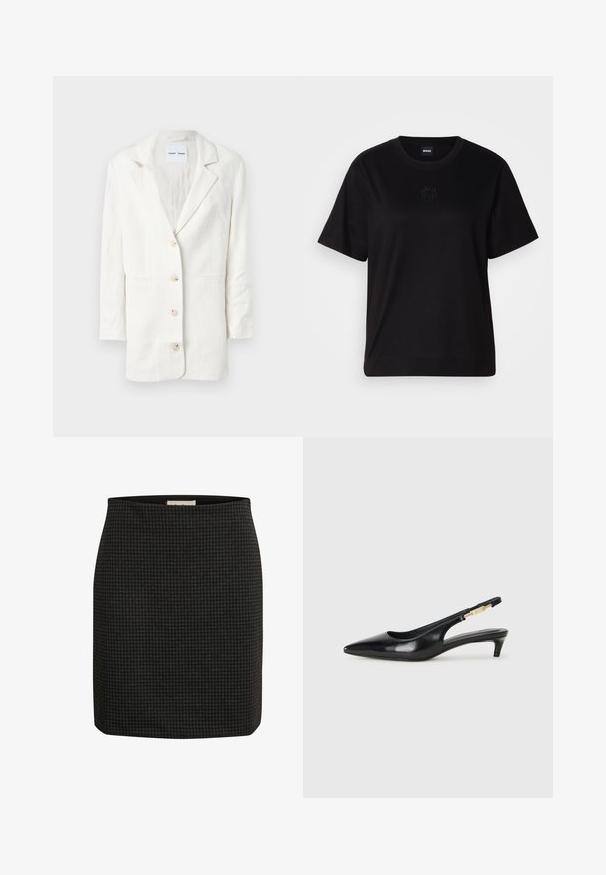 Blazer blanc en tissu léger, présentant un design à boutonnage simple, des revers crantés et trois boutons à l'avant avec des boutonnières assorties.; T-shirt en coton noir avec un col rond, des manches courtes et un logo brodé sur la poitrine. Coupe simple et décontractée sans motifs.; Jupe à motif pied-de-poule noir avec un design ajusté, une silhouette droite et une texture lisse. Présente une taille pour un confort supplémentaire.; Talons hauts en cuir noir avec un bout pointu, dotés d'un talon fin et d'un accent en ton or sur la lanière réglable. Texture lisse.