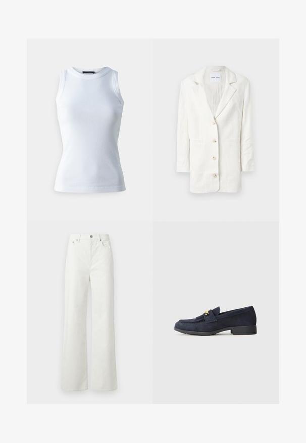 Vit kavaj tillverkad av ett lätt material, med en enknappad design, notchade slag och tre framknappar med matchande knaphål.; Vit ärmlös topp i ribbat tyg, med rund halsringning och en figurnära siluett. Slät textur, utan synliga mönster eller detaljer.; Samsøe Samsøe SHELLY - Jeans relaxed fit - clear cream; Marina mockasiner i mocka med låg svart klack, prydda med en dekorativ detalj i guld framtill och en rundad tådesign.