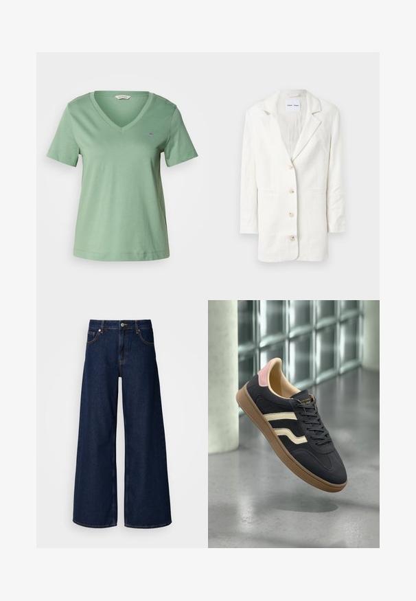 Hvit blazer laget av et lett materiale, med en en-knappslukking, utskårne revers og tre frontknapper med matchende knappehull.; Grønn bomulls T-skjorte med V-hals og korte ermer. Har et lite brodert logo på brystet og en avslappet passform.; Bredde ben, mørkeblå denimjeans med høy livhøyde, frontlommer og knappelukking. Har kontrastsømmer og en jevn tekstur.; Marine skinnesko med kremfargede striper, rosa detaljer på hælen og en strukturert tan gummisåle. Klassisk lavt design.