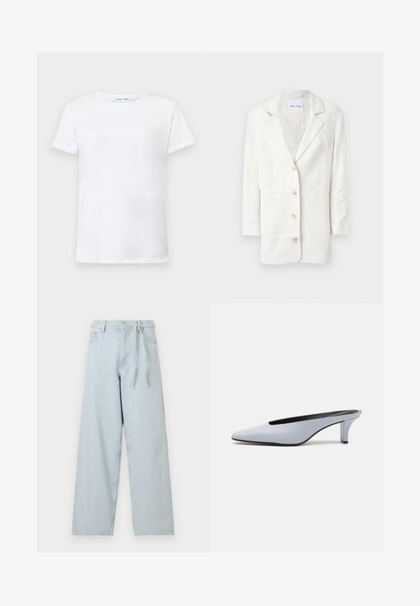 Hvit blazer laget av et lett materiale, med en en-knappslukking, utskårne revers og tre frontknapper med matchende knappehull.; Hvit kortermet t-skjorte laget av bomull med rund hals-design. Glatt tekstur og rett snitt, uten mønstre eller detaljer.; Lyseblå vidbukser laget av denim, med høy midje, beltehemper og et knytebelte. Sømmer synlige langs bena.; Lys blå patentlær mule med spiss tå, lav gjennomsiktig hæl og en elegant design med utskjæring på vampen.